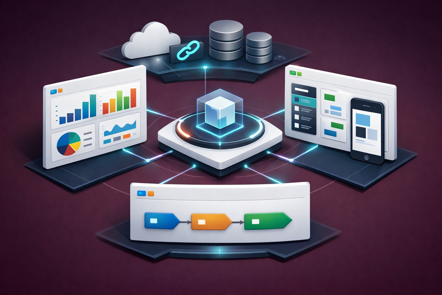 Microsoft Power Platform dashboards apps automation and data workflow illustration